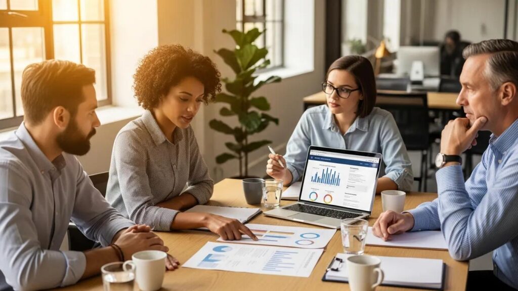 Small business team discussing affordable health insurance options in a modern office