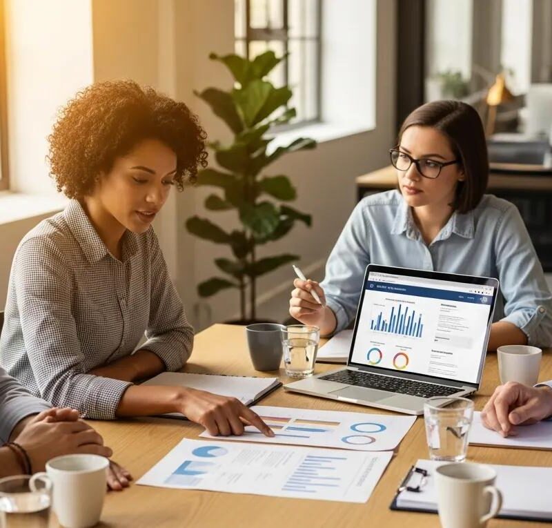 Small business team discussing affordable health insurance options in a modern office