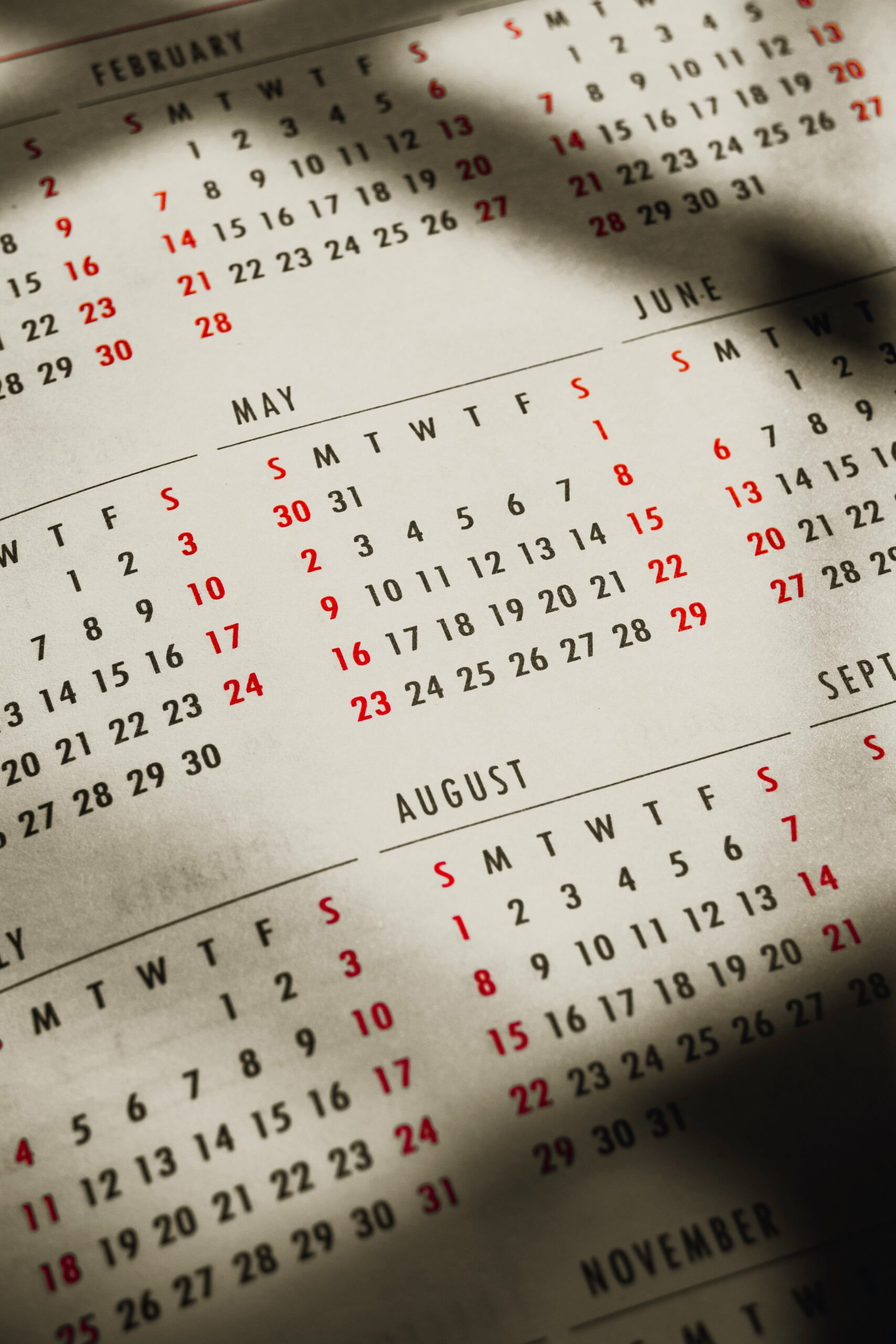 A calendar showing different months