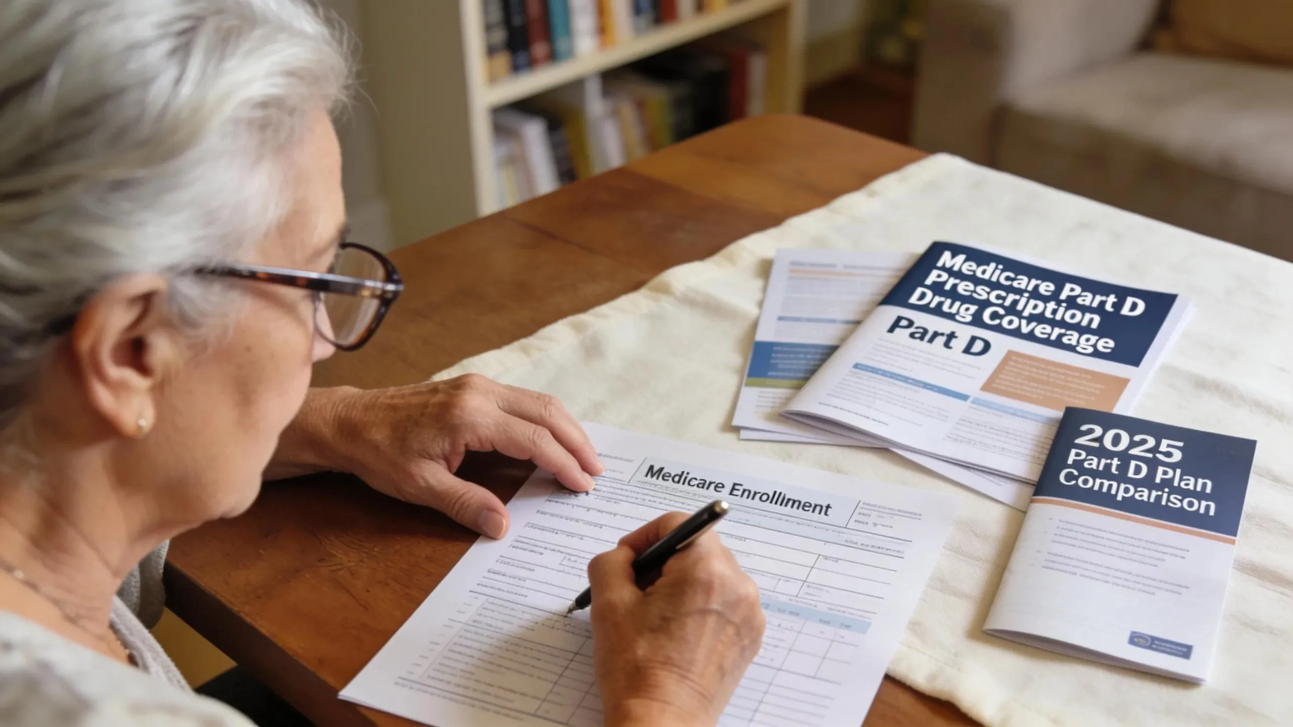 Elderly woman completing her Medicare enrollment form at a table, with informational resources about Part D in view