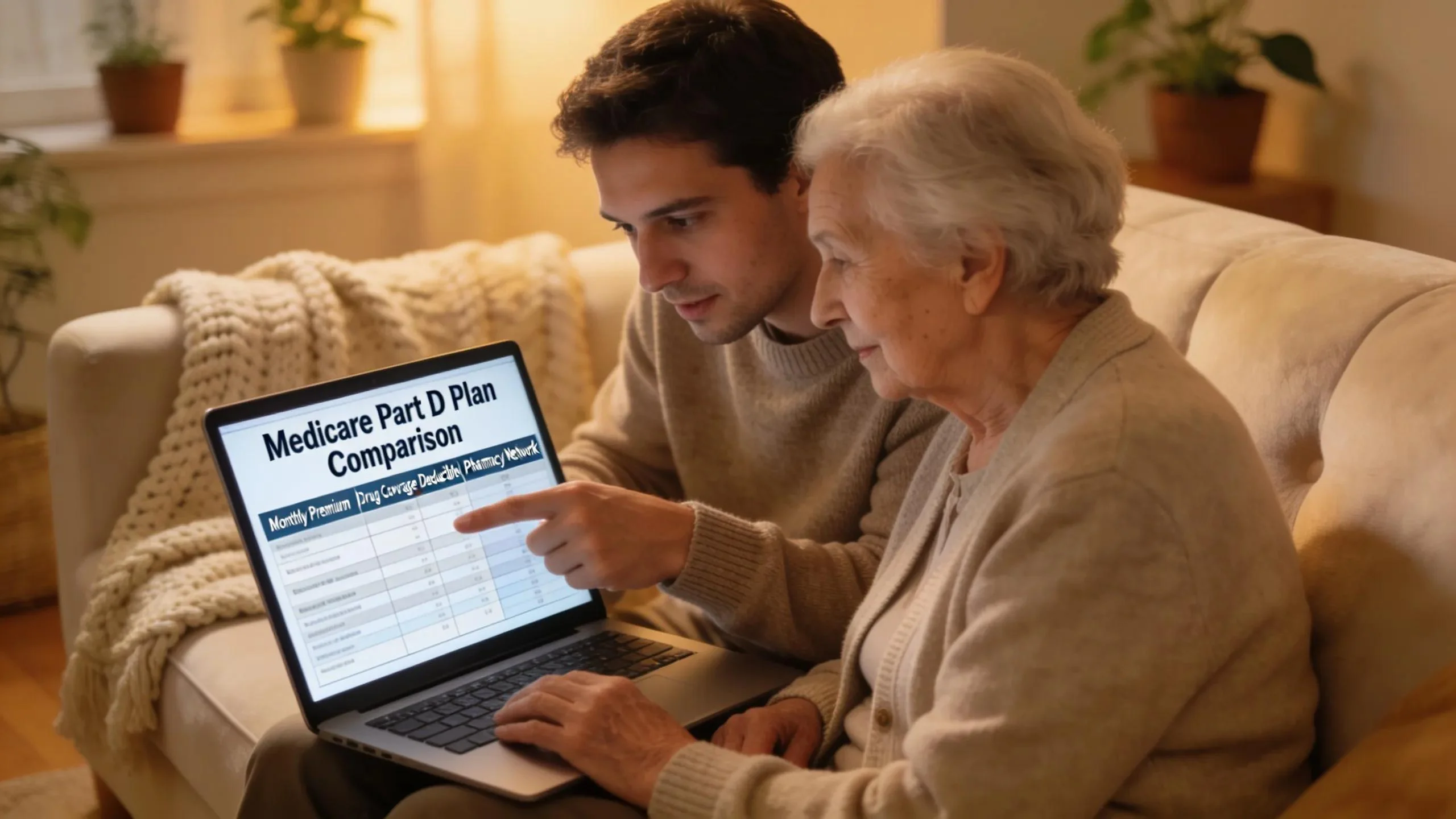 Younger adult assisting elderly person in comparing Medicare Part D plans on a laptop in a cozy living room setting