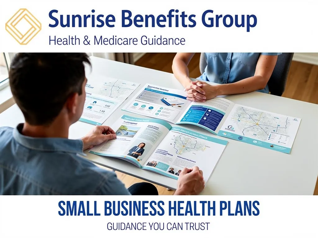 Small business owners comparing group health insurance options and employee benefits materials