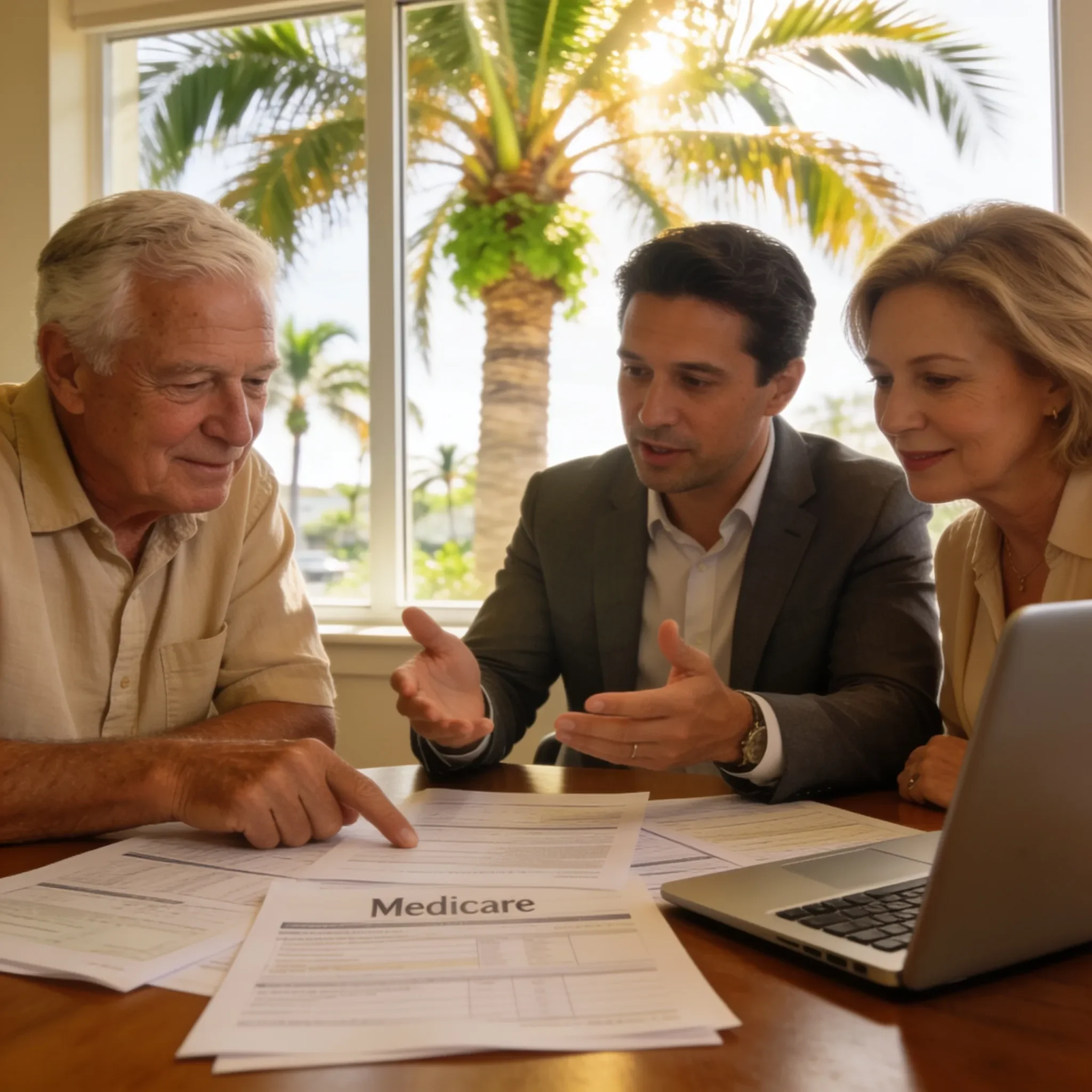 Florida seniors reviewing Medicare eligibility options with an advisor