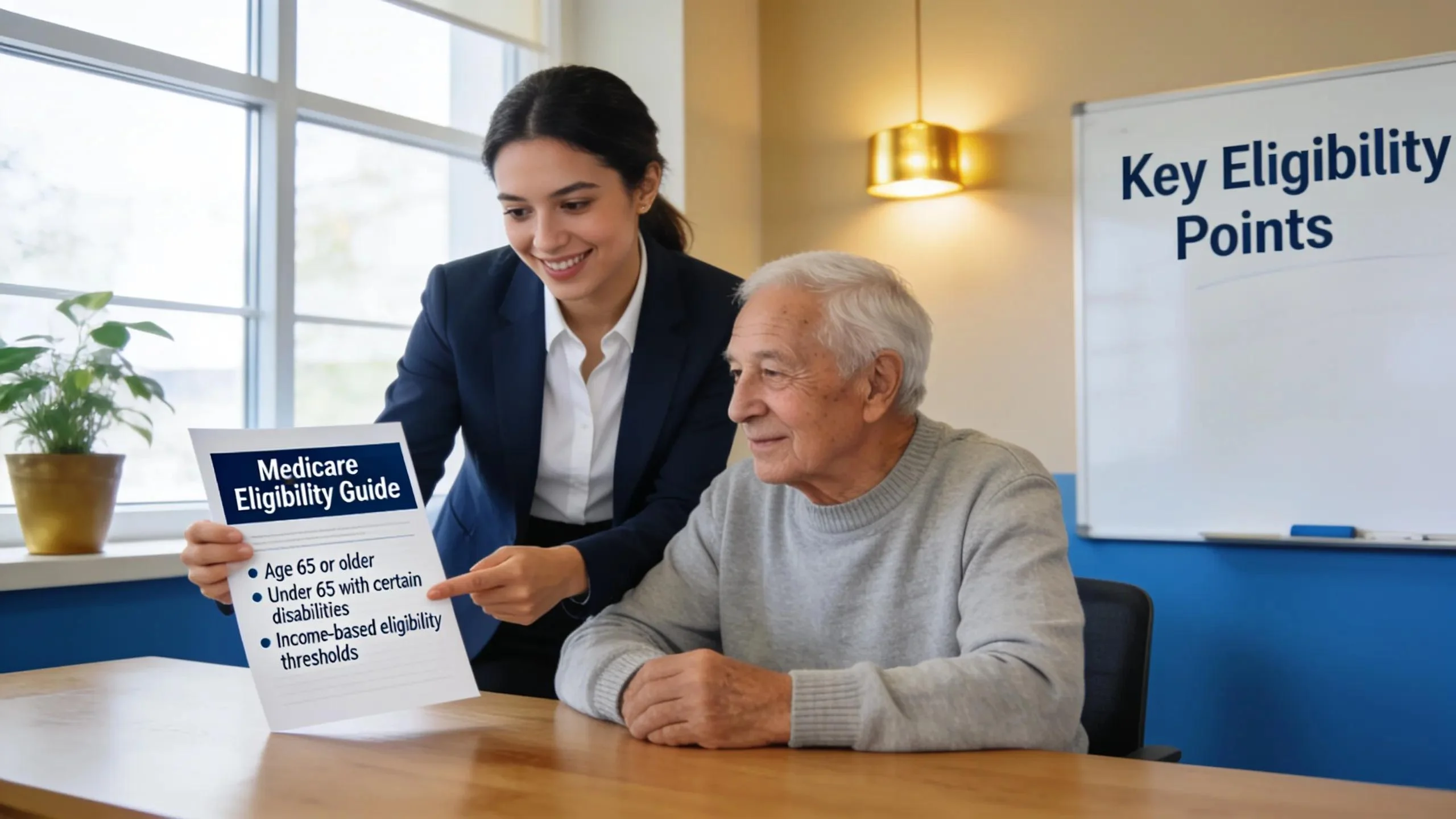 Healthcare advisor explaining Medicare eligibility to a senior individual